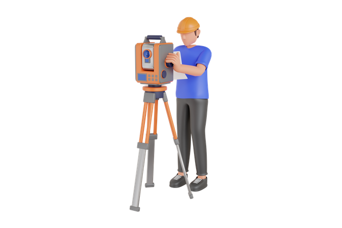 Surveyor Worker With Theodolite  3D Illustration