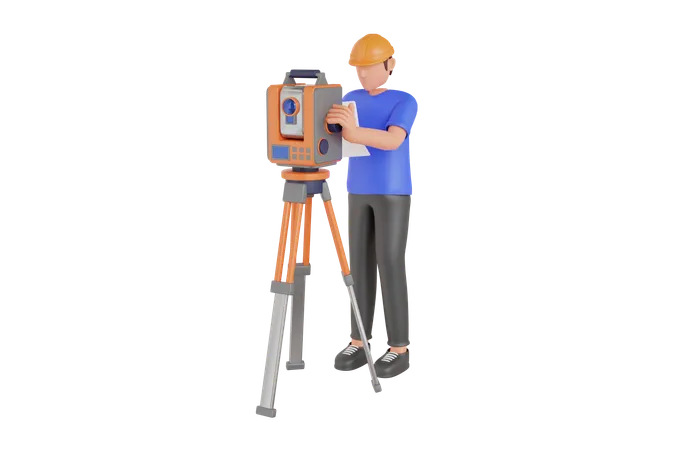 Surveyor Worker With Theodolite  3D Illustration