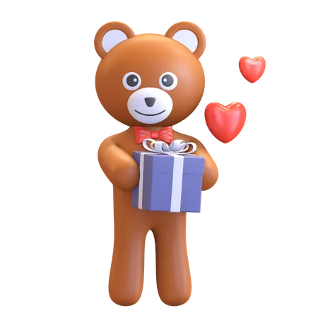 Teddy Bear Holding Gift Box  3D Illustration