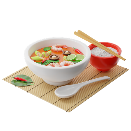 Tom Yam Kung Suppe in einer Buddha-Schale  3D Illustration