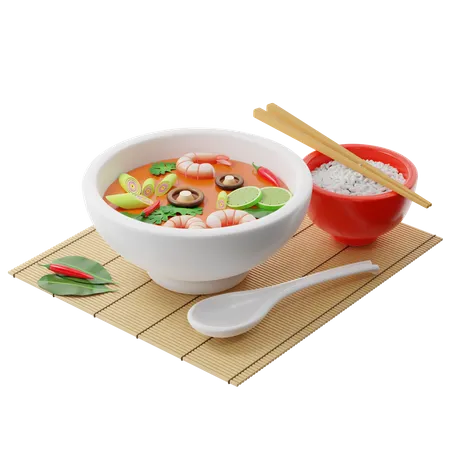 Tom Yam Kung Suppe in einer Buddha-Schale  3D Illustration