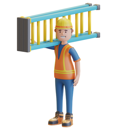 Trabajador de la construcción llevando escalera de mano  3D Illustration