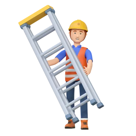 Trabajador de la construcción llevando escalera  3D Illustration