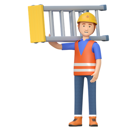 Trabajador de la construcción llevando escalera  3D Illustration