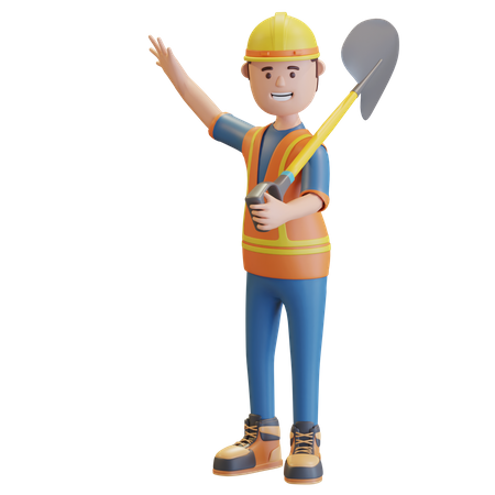 Trabajador de la construcción llevando pala  3D Illustration