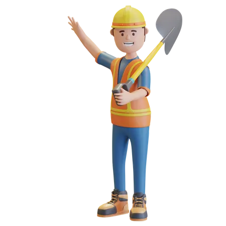 Trabajador de la construcción llevando pala  3D Illustration