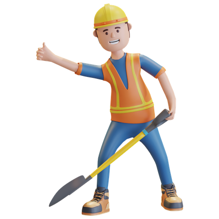 Trabajador de la construcción llevando pala  3D Illustration