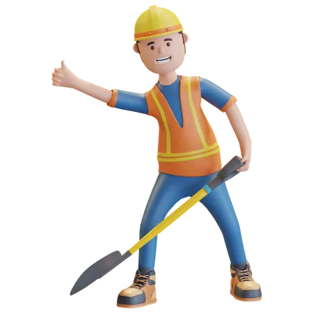 Trabajador de la construcción llevando pala  3D Illustration