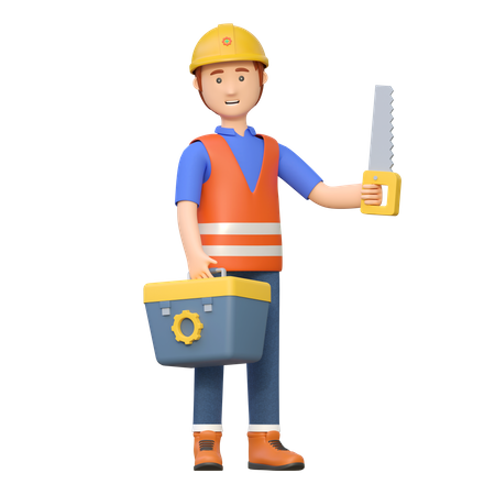 Trabajador de la construcción llevando sierra para madera  3D Illustration