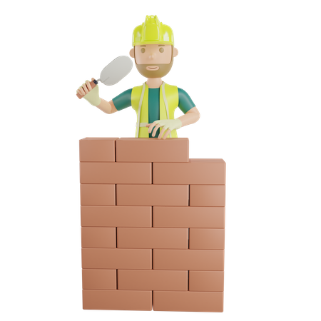 Trabajador de la construcción poniendo ladrillos  3D Illustration