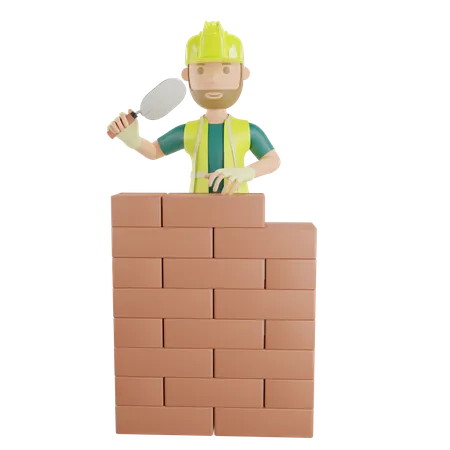 Trabajador de la construcción poniendo ladrillos  3D Illustration