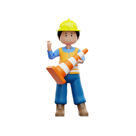 Trabajador de la construcción con cono de tráfico  3D Illustration