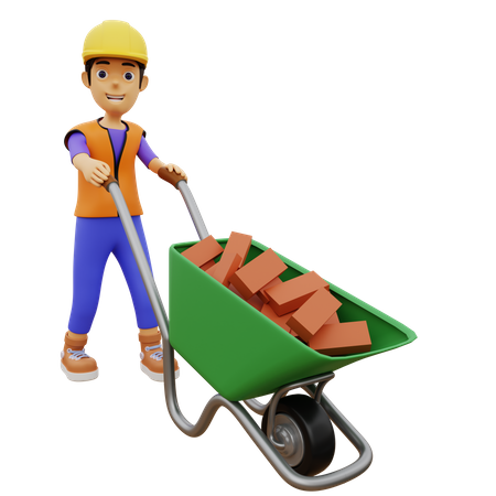 Trabajador de la construcción masculino empujando carro de ladrillo  3D Illustration