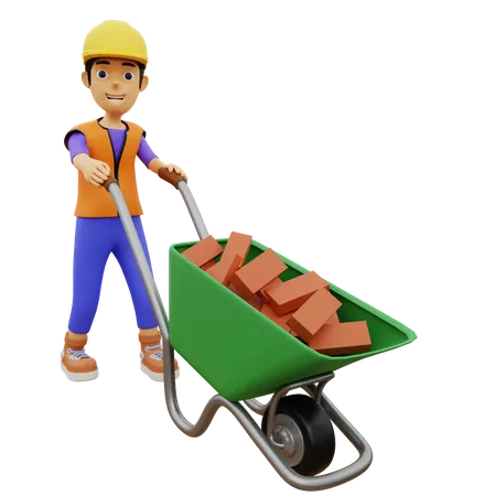 Trabajador de la construcción masculino empujando carro de ladrillo  3D Illustration