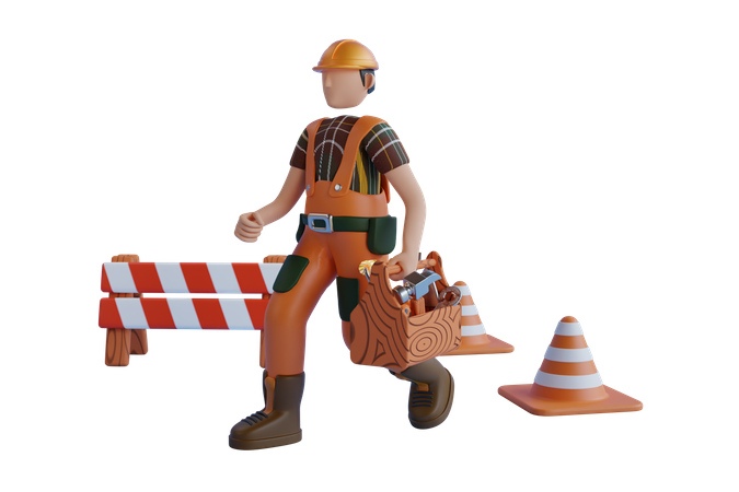 Trabajador de la construcción que lleva herramientas de carpintería  3D Illustration