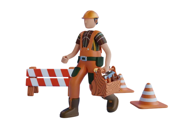 Trabajador de la construcción que lleva herramientas de carpintería  3D Illustration