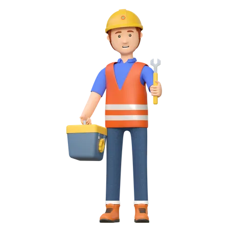 Trabajador de la construcción llevando una llave  3D Illustration