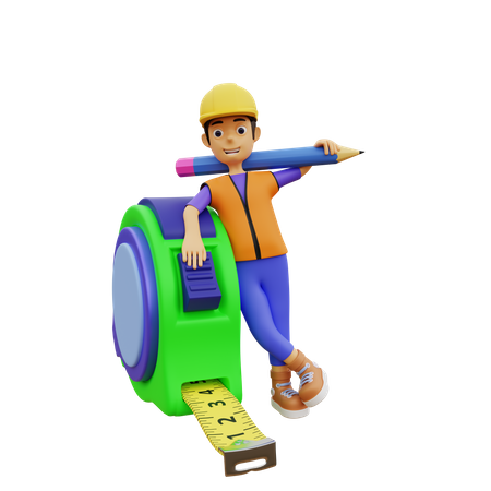 Trabajador de la construcción masculino con cinta métrica  3D Illustration