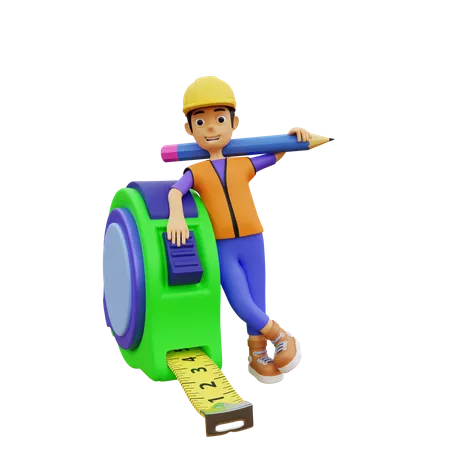 Trabajador de la construcción masculino con cinta métrica  3D Illustration