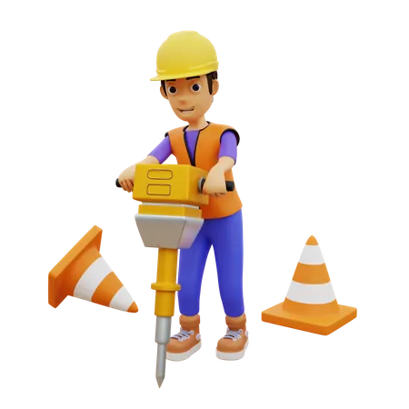 Trabajador de la construcción masculino perforando con martillo neumático  3D Illustration