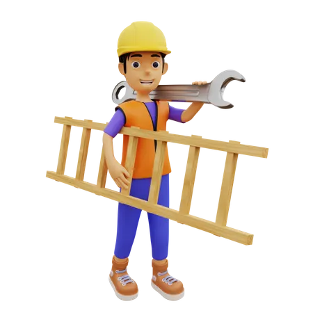 Trabajador de la construcción masculino sosteniendo escalera y llave  3D Illustration