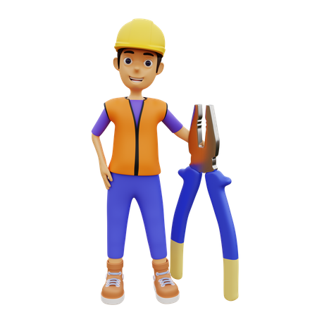 Trabajador de la construcción masculino sosteniendo herramienta de construcción  3D Illustration