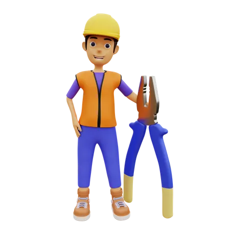 Trabajador de la construcción masculino sosteniendo herramienta de construcción  3D Illustration