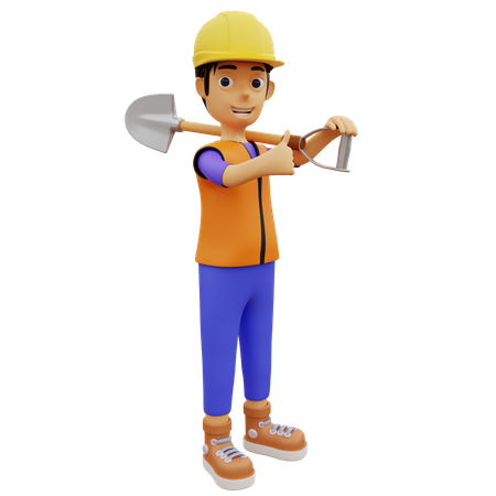 Trabajador de la construcción masculino sosteniendo pala excavadora  3D Illustration