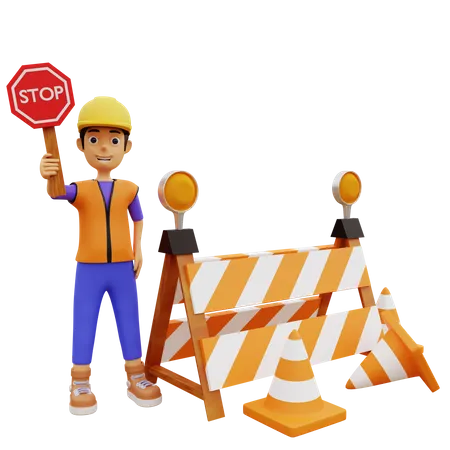 Trabajador de la construcción masculino con señal de stop  3D Illustration