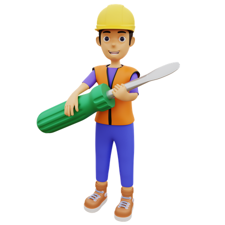 Trabajador de la construcción masculino sosteniendo un destornillador  3D Illustration