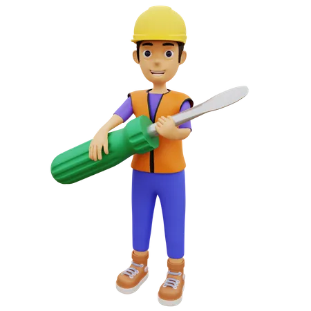 Trabajador de la construcción masculino sosteniendo un destornillador  3D Illustration