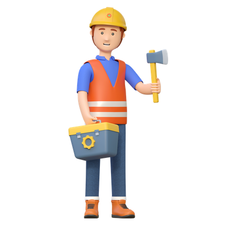 Trabajador de la construcción llevando un hacha  3D Illustration