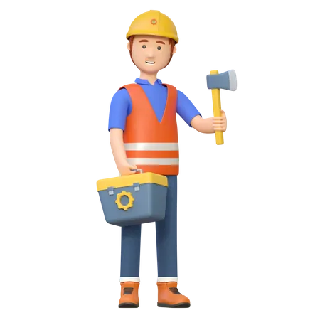 Trabajador de la construcción llevando un hacha  3D Illustration