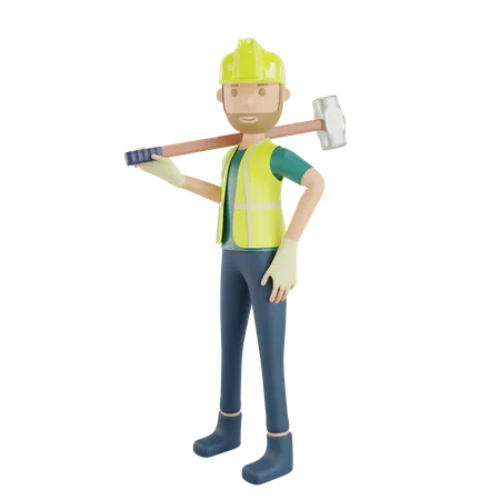 Trabajador de la construcción llevando un martillo  3D Illustration