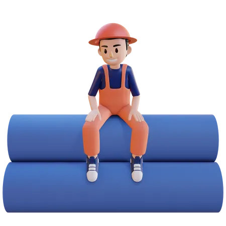 Trabajador de la construcción sentado en la tubería  3D Illustration