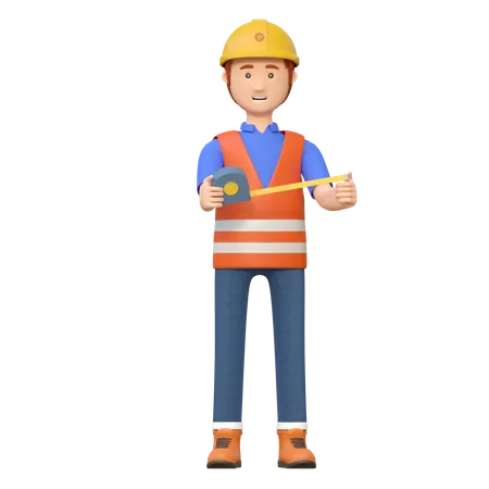 Trabajador de la construcción con herramienta de cinta métrica  3D Illustration