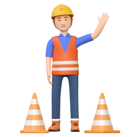 Trabajador de la construcción sosteniendo cono de carretera  3D Illustration