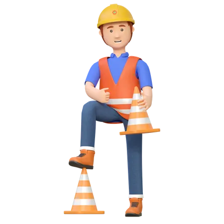 Trabajador de la construcción sosteniendo cono de carretera  3D Illustration