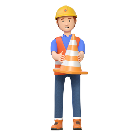 Trabajador de la construcción sosteniendo cono de carretera  3D Illustration