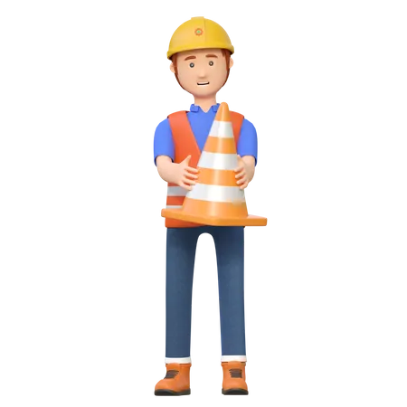 Trabajador de la construcción sosteniendo cono de carretera  3D Illustration