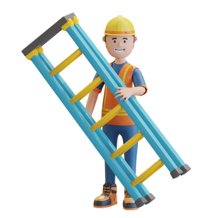 Trabajador de la construcción sosteniendo una escalera  3D Illustration