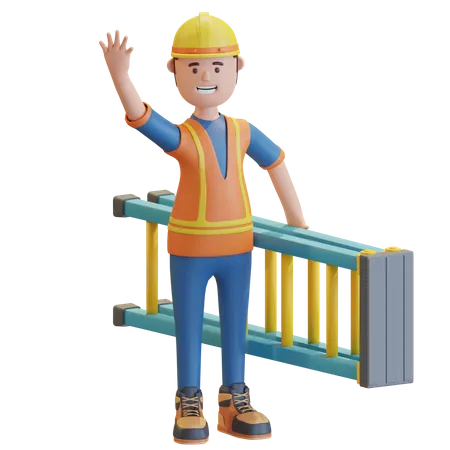 Trabajador de la construcción sosteniendo una escalera  3D Illustration