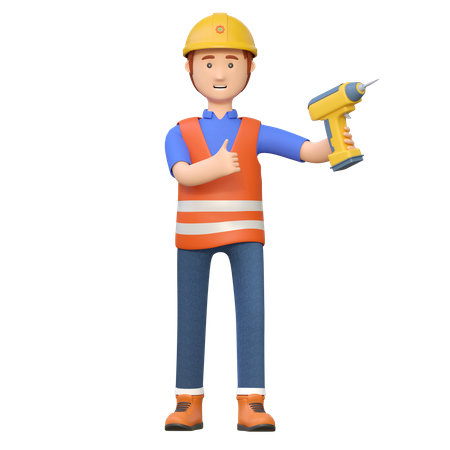 Trabajador de la construcción con taladro eléctrico  3D Illustration