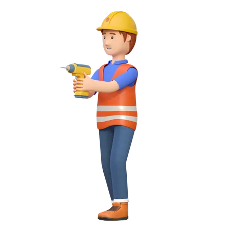 Trabajador de la construcción con taladro eléctrico  3D Illustration