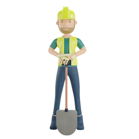 Trabajador de la construcción sosteniendo una pala  3D Illustration