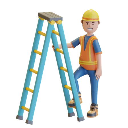 Trabajador de la construcción subiendo una escalera  3D Illustration