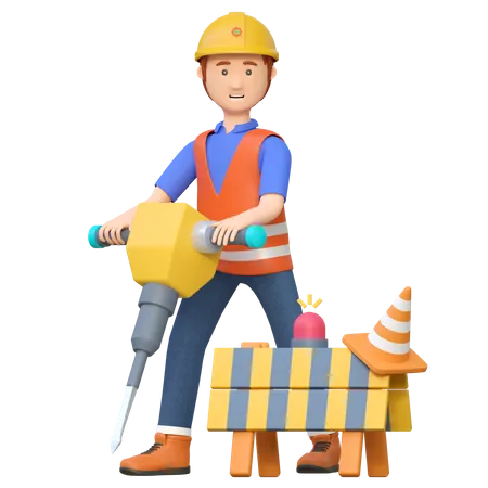 Trabajador de la construcción utilizando taladro martillo neumático  3D Illustration