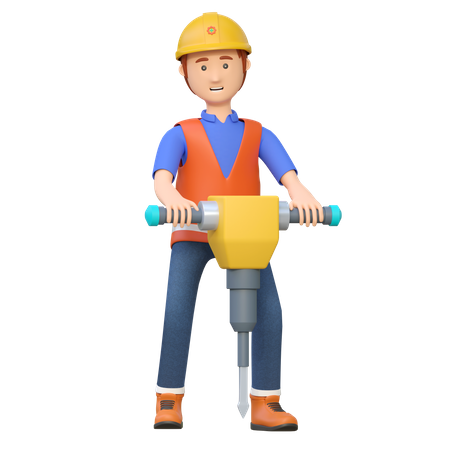 Trabajador de la construcción utilizando taladro martillo neumático  3D Illustration