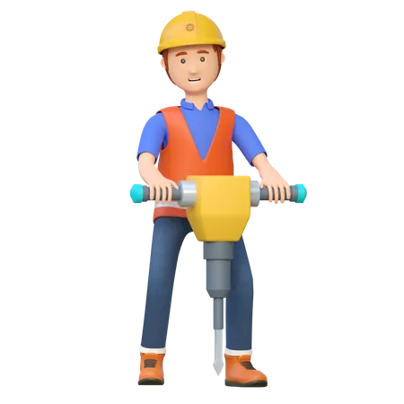 Trabajador de la construcción utilizando taladro martillo neumático  3D Illustration