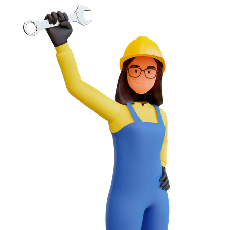 Trabajador de la construcción femenina sosteniendo una llave  3D Illustration